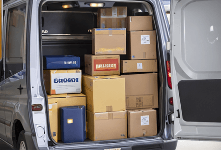 Fourgon chargé de colis variés – livraison multi-produits